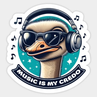 Music is My Credo, Ostrich in Blues, Greens, and Whites Sticker